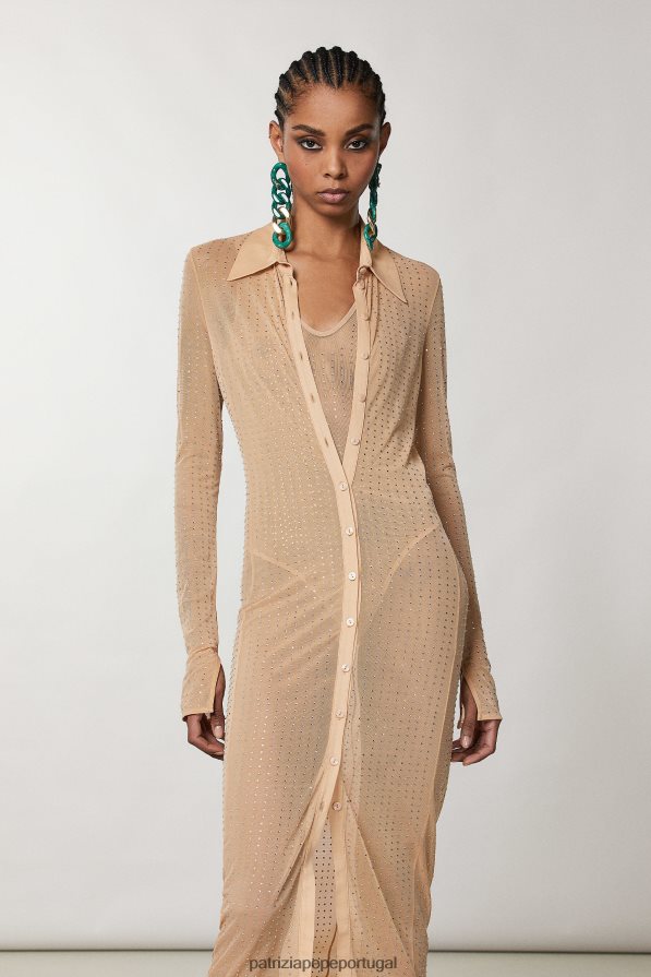 Patrizia Pepe mulheres vestido camisa longo adornado com strass nu e cristal vestuário TX086V322