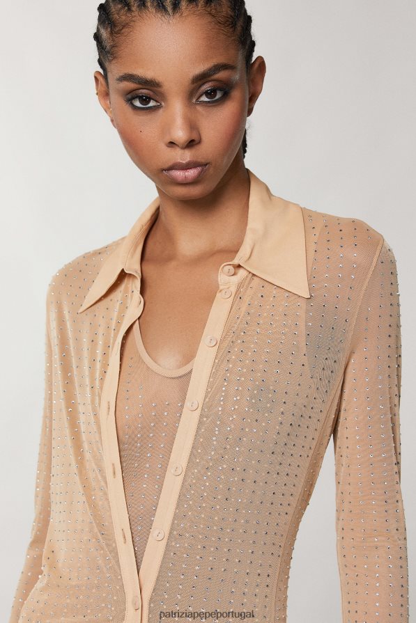 Patrizia Pepe mulheres vestido camisa longo adornado com strass nu e cristal vestuário TX086V322