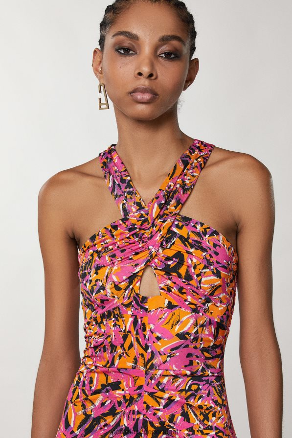 Patrizia Pepe mulheres vestido com decote cruzado laranja suculenta abstrata vestuário TX086V690