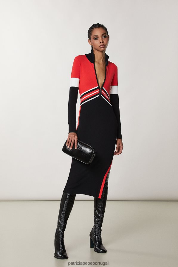 Patrizia Pepe mulheres vestido de manga comprida motociclista corrida preta/vermelha. vestuário TX086V145