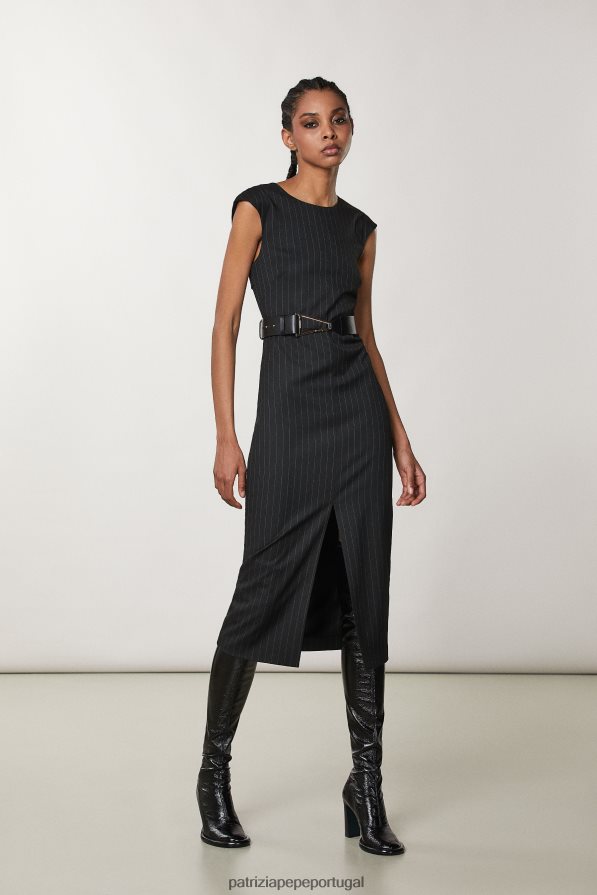 Patrizia Pepe mulheres vestido midi de flanela riscas pretas vestuário TX086V113