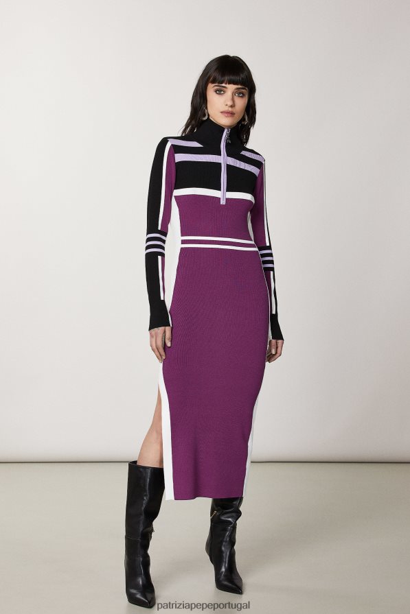 Patrizia Pepe mulheres vestido midi de tricô com gola alta motociclista roxo vestuário TX086V452